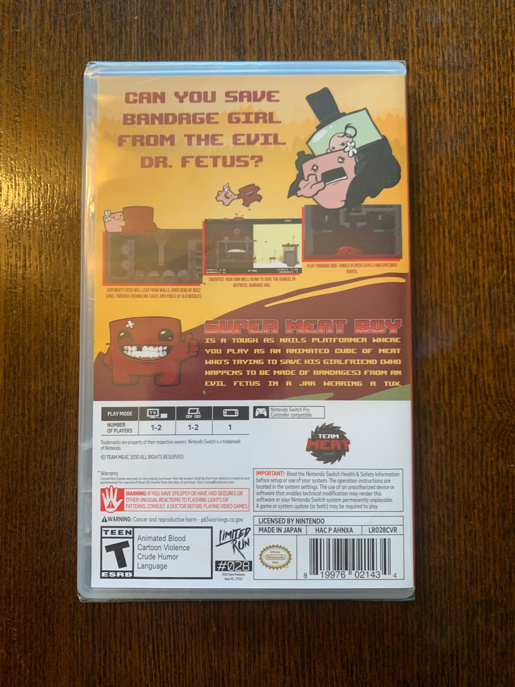 Limited Run #28: Super Meat Boy Nintendo Switch LRG Cover Brand New Sealed